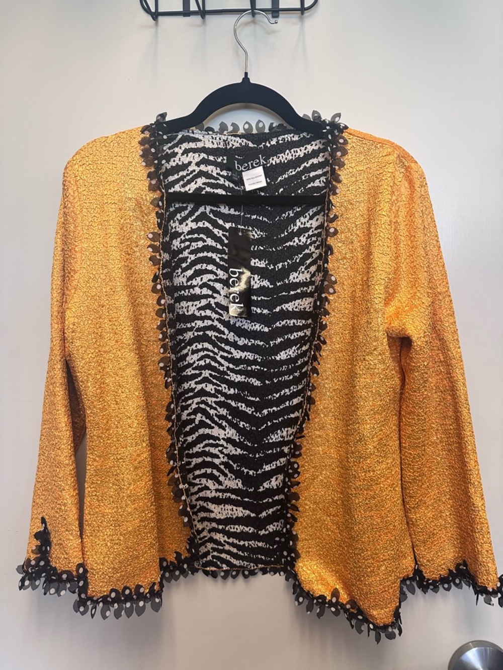 berek Women's Metallic Gold Open-Front Cardigan with Zebra-Print Lining